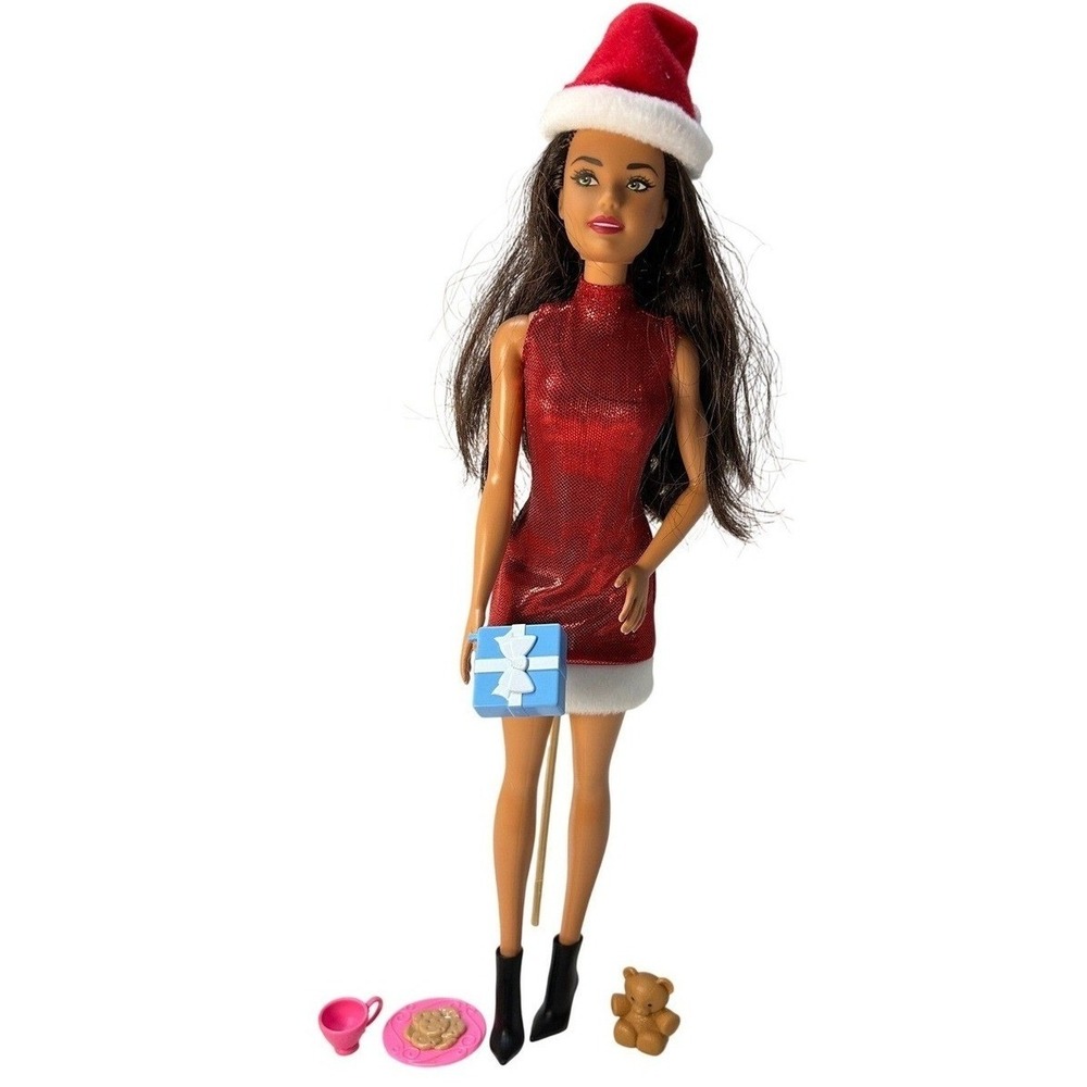 Barbie Holiday Doll Red Shimmer Dress holiday MATTEL Santa Hat Accessories